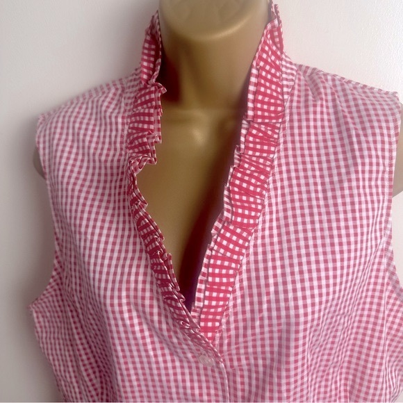 Tyler Boe Red White Gingham Cotton Button Down Ruffle Neck Sleeveless Top NWT 10 - Picture 8 of 16